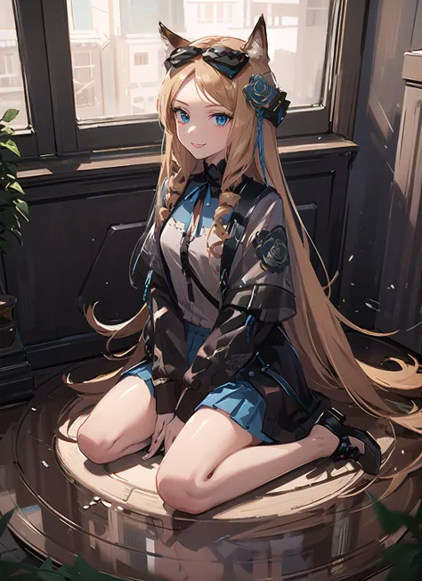 (masterpiece,best quality, detailed), indoors, looking at viewer, 1girl, solo, full body, from above, smile, sitting, wariza,
origin, 1girl, solo, long hair, blue skirt, smile, shirt,very long hair,<lora:iris-pynoise-000008:1>