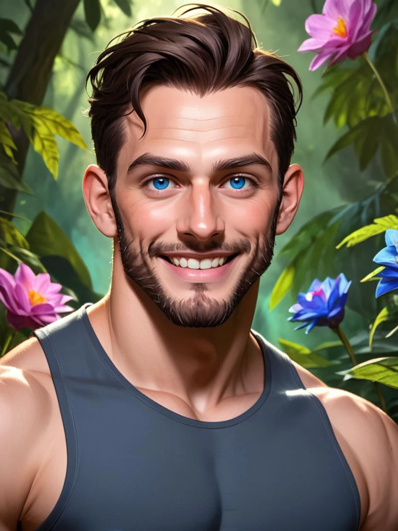 score_9, score_8_up, score_7_up, score_6_up, score_5_up, score_4_up, close up face,, Atlas, man in jeans and tank top surrounded by flowers, smiling, magic the gathering artstyle, in the style of clint cearley, dark forest. strong, colorful light, beautiful random images, elemental guardian of life, guard, metal armor , dark-blue eyes, handsome face,,<lora:TrSerkan-Atlas-Pony-v1:0.8>