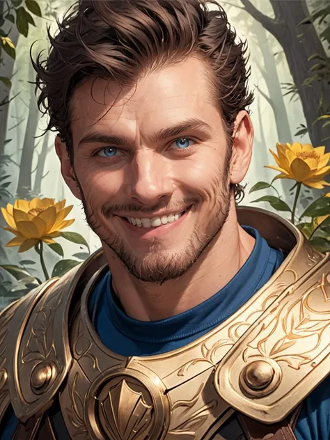 score_9, score_8_up, score_7_up, score_6_up, score_5_up, score_4_up, close up face,,  Berke, man in jeans and tank top surrounded by flowers, smiling, magic the gathering artstyle, in the style of clint cearley, dark forest. strong, colorful light, beautiful random images, elemental guardian of life, guard, metal armor , dark-blue eyes, handsome face,,<lora:TrSerkan-Berke-Pony-v1:0.8>