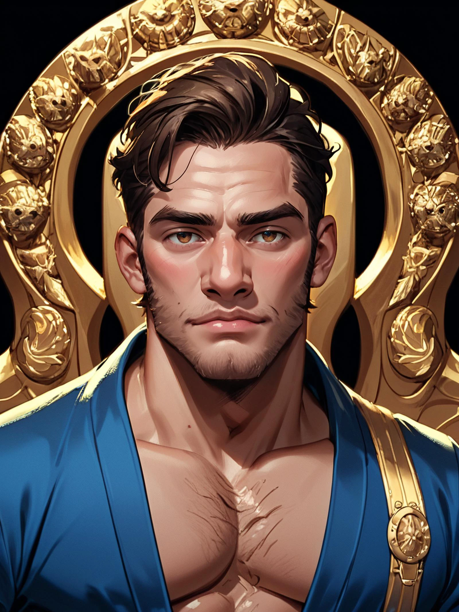 ral-crystalz, score_9, score_8_up, score_7_up, score_6_up, score_5_up, score_4_up, Atlas, a painting of an male god on a golden throne, friendly face, symmetry, blue robe with golden ornaments, chest partially opening ((between the clouds, background heaven)) <lora:TrSerkan-Atlas-Pony-v1:1>