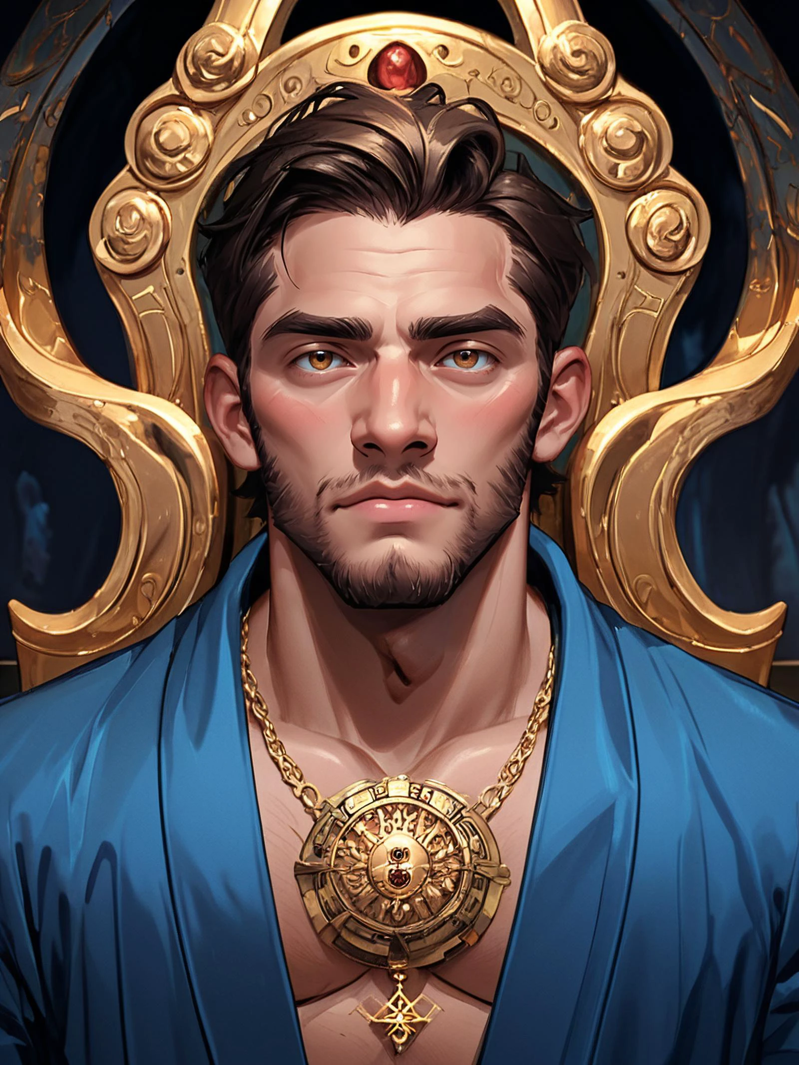 ral-crystalz, score_9, score_8_up, score_7_up, score_6_up, score_5_up, score_4_up, Atlas, a painting of an male god on a golden throne, friendly face, symmetry, blue robe with golden ornaments, chest partially opening ((between the clouds, background heaven)) <lora:TrSerkan-Atlas-Pony-v1:1>