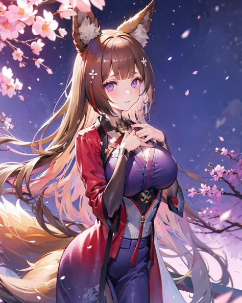 1girl,solo,amagi,standing,fox girl, cowboy shot, cherry blossoms, snowing,
 <lora:AmagiV3:1>,,large breasts, hand on own chest,