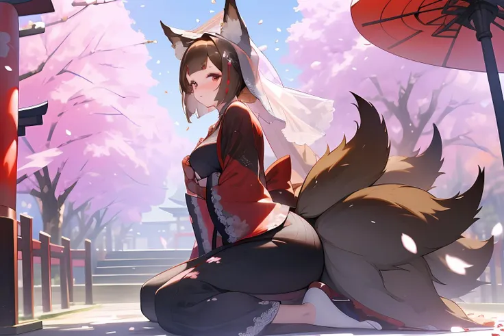 Amagi, 1girl, (mature, adult:1.3), kneeling, <lora:AmagiV3:1>, multiple tails, brown tail, kitsune,
wearing kimono, (wedding veil:1.3), wedding dress,
happy, (looking at viewer:1.3),
outdoors, in front of a traditional Japanese temple, sakara, cherry blossoms
