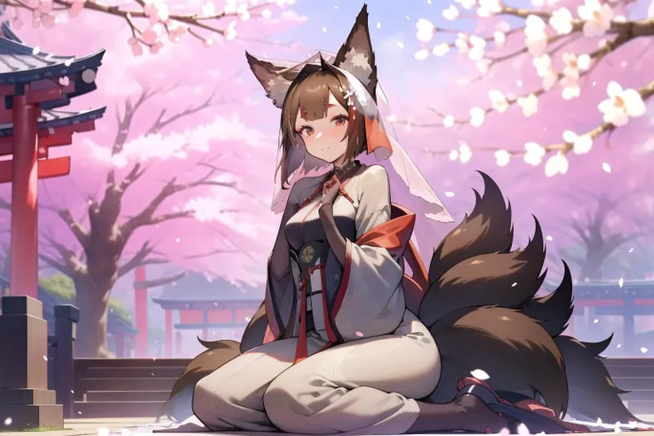 Amagi, 1girl, (mature, adult:1.3), kneeling, <lora:AmagiV3:1>, multiple tails, brown tail, kitsune,
wearing wedding dress, (wedding veil:1.3),
happy, (looking at viewer:1.3),
outdoors, in front of a traditional Japanese temple, sakara, cherry blossoms