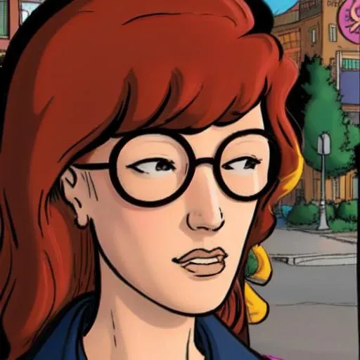 Daria wearing glasses <lora:daria_morgendorffer-11:1>, ((in the style of [John Byrne|George Perez|Bret Blevins]))