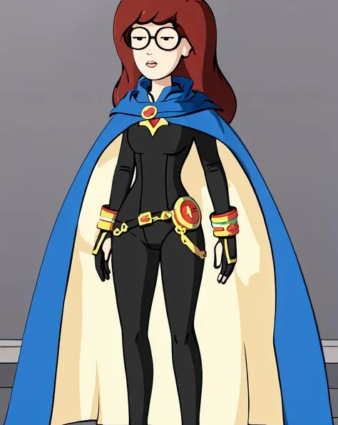 daria, 1girl, solo, blue bodysuit, blue cape, glasses, bare legs, 1girl, full body, jewelry, solo, standing, <lora:daria_dataset-11:.9>