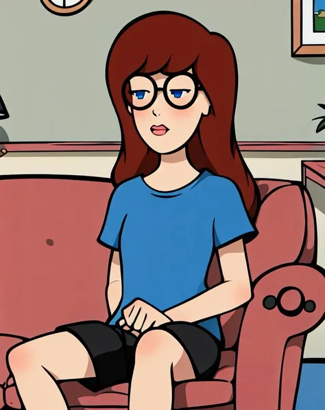 daria, 1girl, solo, blue shirt, black shorts, blue eyes, brown hair, glasses, shirt, shorts, solo, t-shirt, indoors, living room, <lora:daria_dataset-11:.9>