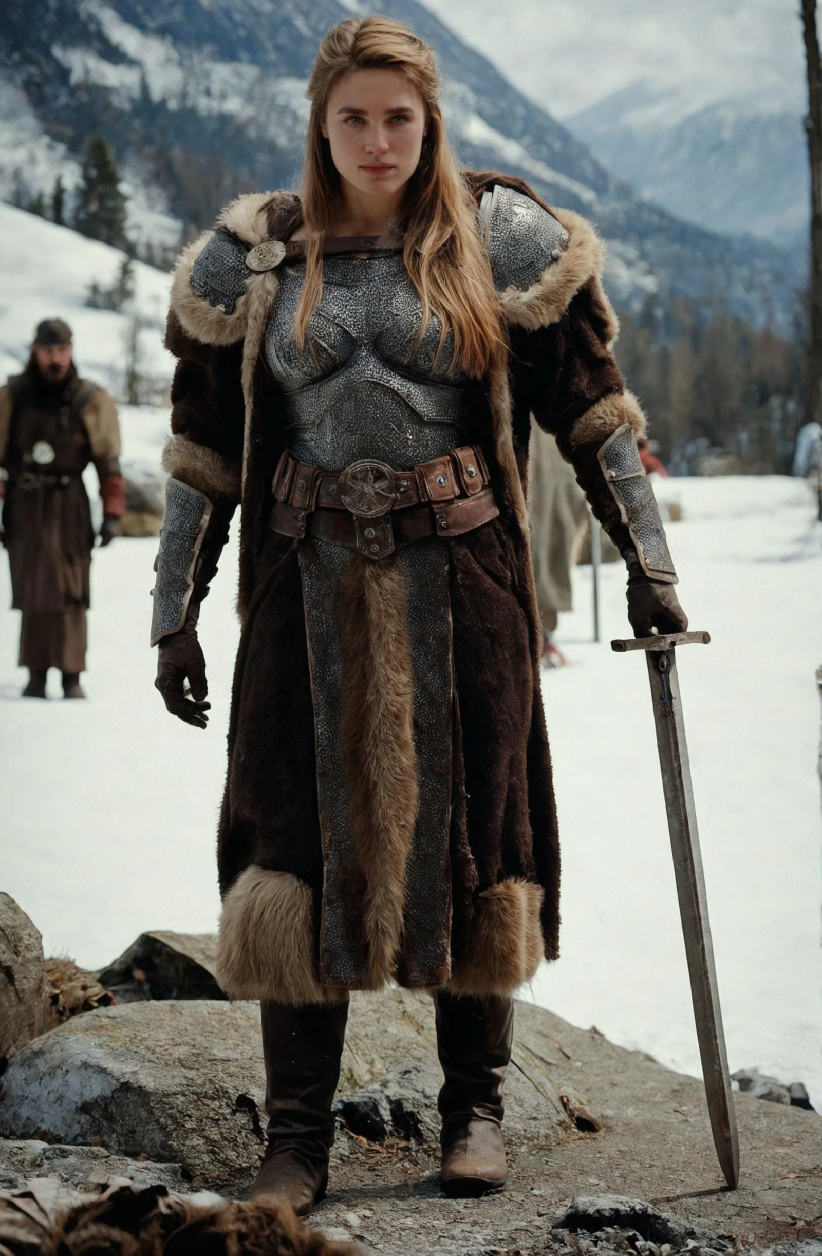 score_9,score_8_up,score_7_up,score_6_up, realistic, photo, aesthetic photography, cinematic film still,
depth of field, chiaroscuro, strong shadows, by Leni Riefenstahl, atmospheric lighting,
1girl, full body, powerful pose, viking, fur armor, sword,
sensual,slutty, jenxcon,
snowy mountain landscape,
<lora:boringRealism_primaryV3:0.3> <lora:boringRealism_primaryV4:0.25>, <lora:da2_jenxcon2000s:0.9>