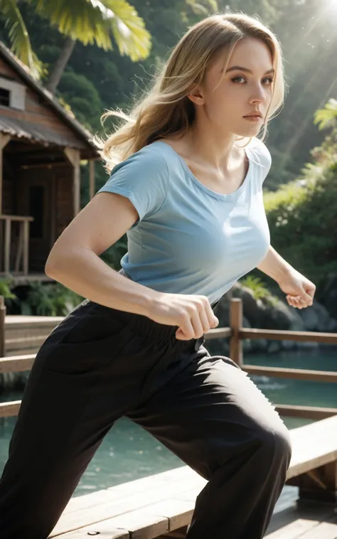 (score_9:0.7) score_8_up, chiaroscuro, film grain, photo, rating_safe,
1girl, 20yo, solo,
fighting stance, playful, romantic,
blue tshirt, elegant black pants,
(large breasts:0.5), blonde long hair,
soft natural lighting, sunrays,
movement, motion blur,
wooden pier, hut, tropical island, transparent water, corals,
<lora:da3_xtract_sydxswe_64:1> sydxswe, black eyeliner