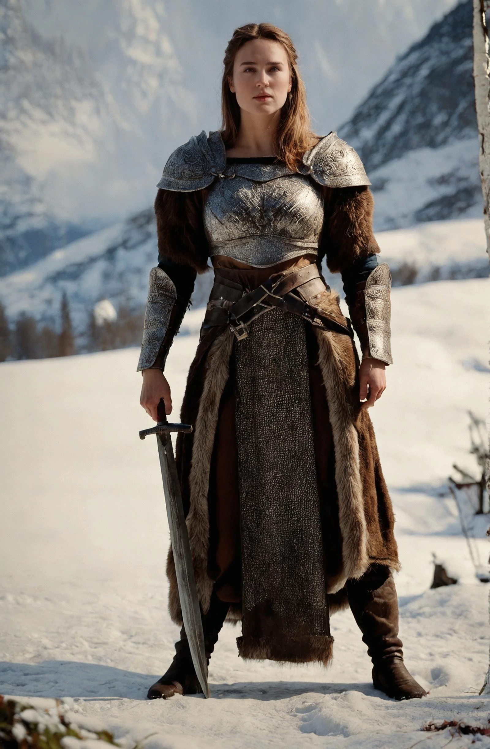 score_9,score_8_up,score_7_up,score_6_up, realistic, photo, aesthetic photography, cinematic film still,
depth of field, chiaroscuro, strong shadows, by Leni Riefenstahl, atmospheric lighting,
1girl, full body, powerful pose, viking, fur armor, sword,
sensual,slutty, jenxcon,
snowy mountain landscape,
<lora:boringRealism_primaryV3:0.3> <lora:boringRealism_primaryV4:0.25>, <lora:da2_jenxcon2000s:0.9>