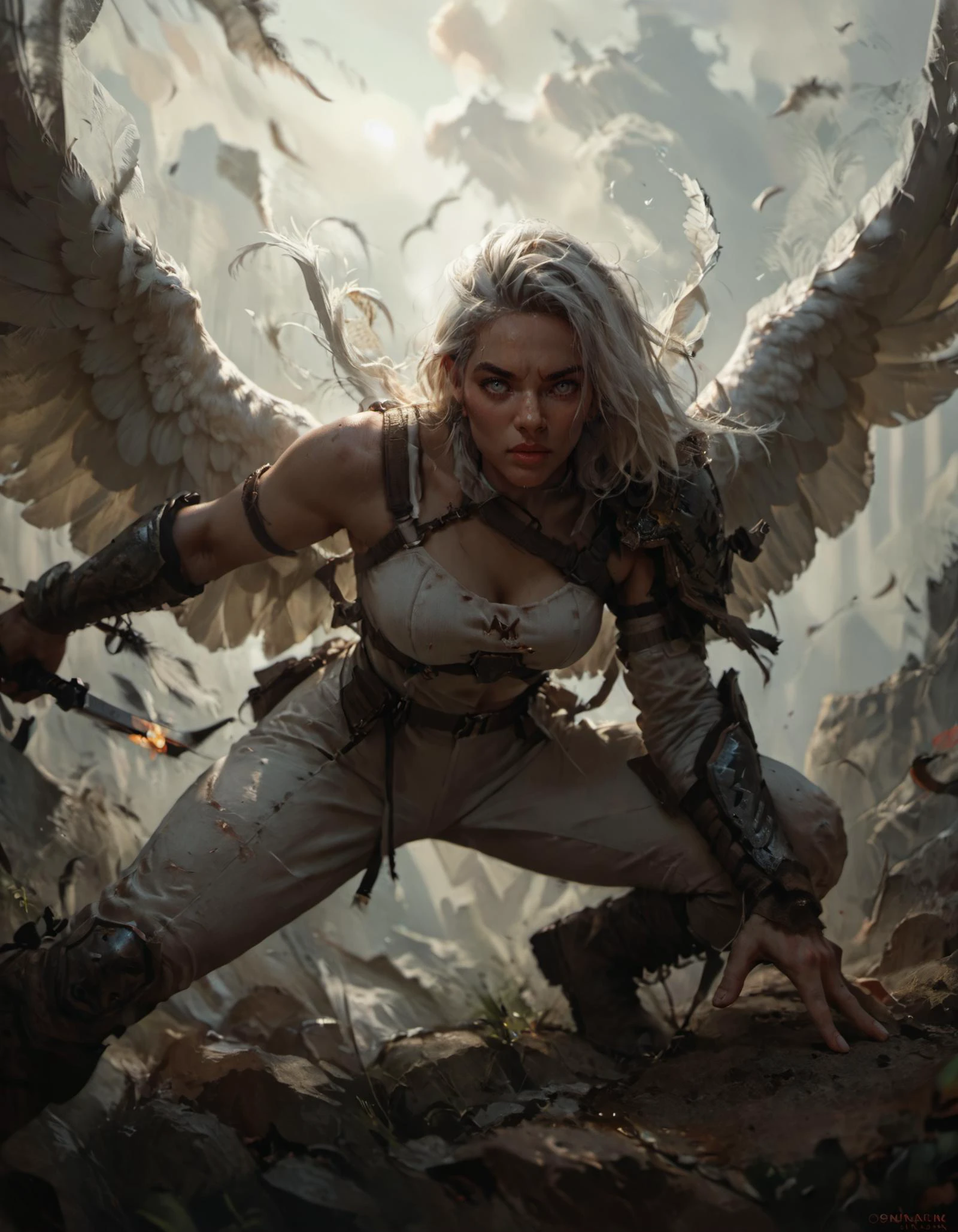 score_9, score_8_up, score_7_up, score_6_up, score_5_up, score_4_up, 1girl, white hair, white eyes, angel warrior, white wings, feathered wings, dynamic combat pose, fierce look, <lora:Concept Art DarkSide Style LoRA_Pony XL v6:1> <lora:MJ52:0.6> <lora:LowRA:0.7>