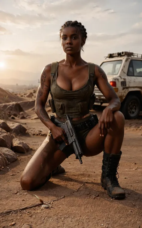 (score_9:0.6) score_8_up, sunset, chiaroscuro, film grain, photo, realistic, cinematic film still, closeup,
1girl, african woman, thin, skinny, curly bun, brown eyes,perky breasts, cleavage, aaliyah cassie, dark skinned female, (muscular legs:0.7), tattoos,
futuristic cyber armor, urban street wear,
aiming a gun, muzzle flash, on one knee, kneeling, apocalyptic, desolate broken car,
(backlighting:0.6), rimlight,
dust, arid desert landscape, settlement on the horizon