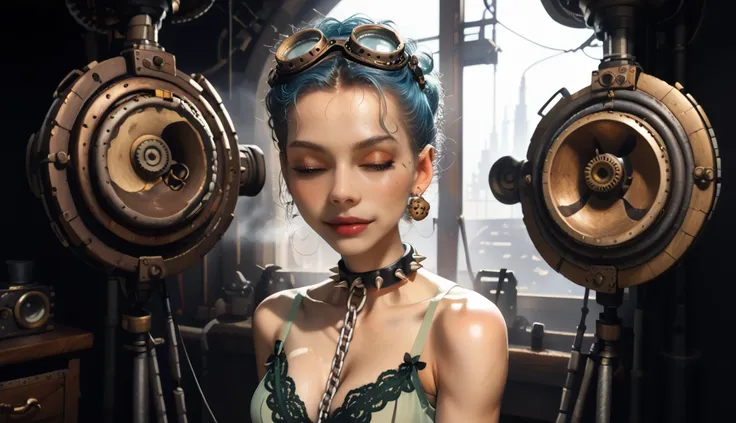 (   , ) (style: (steampunk style:1.17): futuristic technology, victorian-era aesthetics, brass and gears, steam power, alternative history, clockwork mechanics, goggles and top hats, intricate machinery, adventure, and suspense, chain, 
,
   INTROH, (side view:1.24), (Marge Simp(redacted)s:1.31), (yellow skin:1.21), tall (towering blue hair:1.18), wearing erotic ((apple green) (redacted)htgown:1.18), revealing lace (side slit:1.19) (redacted)ht gown, long shaved legs, cleavage, (face: flirting with viewer, (wink at viewer:1.28), (blush:1.33)), long legs, midriff, seductive,  , (black  spiked collar:1.18), leash, )   ,
   <lora:sdxl\add-detail-xl.safetensors:0.9400000000000001:0.25> <lora:sdxl\incase_style_v3-1_ponyxl_ilff.safetensors:0.74:0.2> <lora:sdxl\OtherStyle_01.safetensors:0.71:0.2> <lora:sdxl\Hyper_Realism_Pony_XL.safetensors:0.9500000000000001:0.25>s5