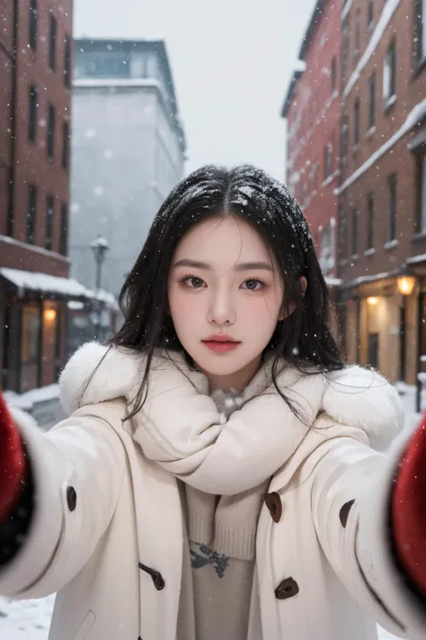 <lora:pov_cheek_warming:1>, (pov cheek warming), (reaching towards viewer), best quality, masterpiece, illustration, realistic, photo-realistic, amazing, finely detail, incredibly absurdres, huge filesize, ultra-detailed, highres, extremely detailed CG unity 8k wallpaper, nsfw, A young Korean pop singer with rosy cheeks and a cute face, wearing a cozy winter coat and scarf, reaches out towards the viewer with warm, gloved hands. She has a tender expression on her face like she is with her loved one. There is light natural makeup on her face that complements the snowy scene. Behind her, it is snowing lightly and there is a street covered in a dusting of snow.