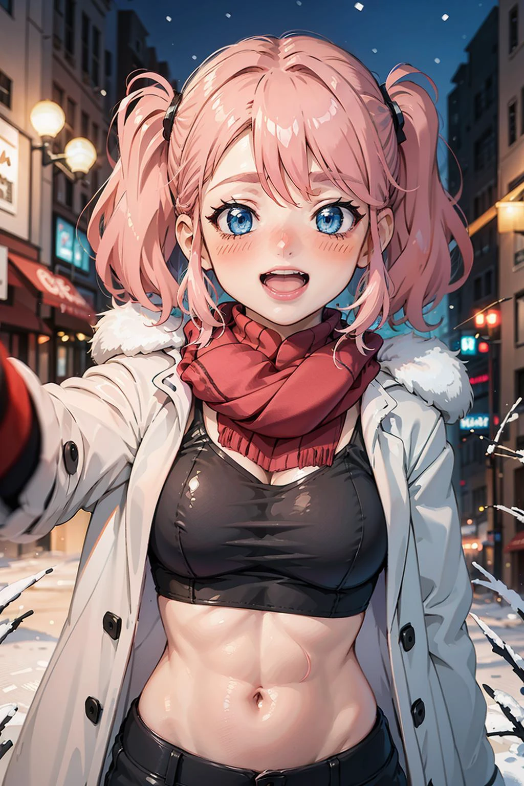 masterpiece, best quality, pov cheek warming,:1.3, 1girl, closed mouth, :D, scarf, blush, coat, solo, upper body, looking at viewer, snow, <lora:pov_cheek_warming:1> <lora:Degen-EmilyV2:0.7> emily, pink hair, short hair twintails, midriff, black crop top, blue eyes,