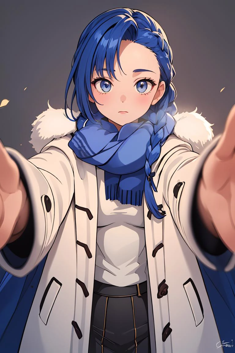 (masterpiece, best quality), 1girl, Ultramarine Faux Hawk Braid with Colored Extensions, Size F breasts, <lora:pov_cheek_warming:1> pov cheek warming, coat,scarf,reaching towards viewer
