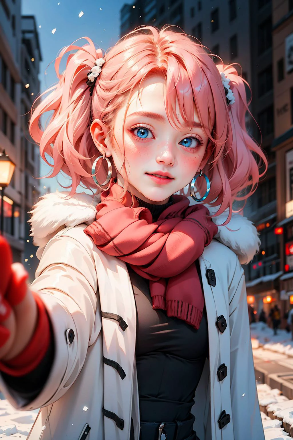 masterpiece, best quality, pov cheek warming:1.3, 1girl, closed mouth, gentle smile, scarf, blush, coat, solo, upper body, looking at viewer, snow, snowflakes, breath, <lora:pov_cheek_warming:1> <lora:Degen-EmilyV2:0.7> emily, pink hair, short hair twintails, midriff, black top, blue eyes, hoop earrings,