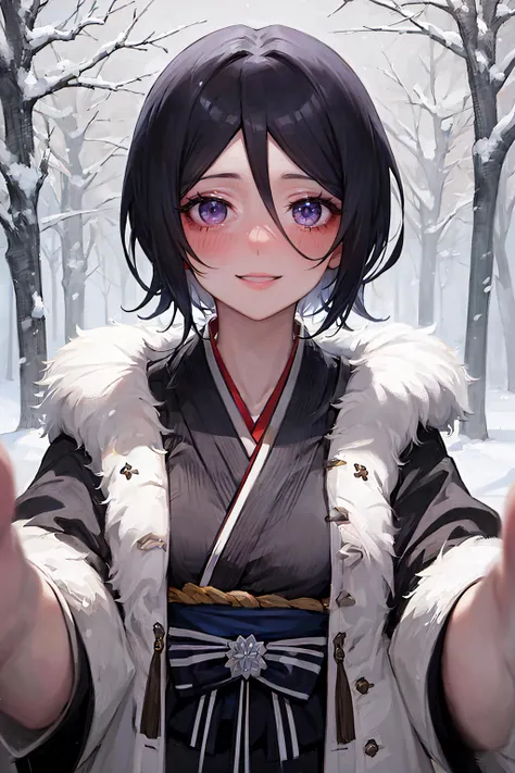 beautiful, (masterpiece), best quality, (extremely detailed face), extremely detailed eyes, perfect lighting, OverallDetail, detailed, deep skin,textured skin,
, <lora:kuchiki_rukia:0.8>,kuchiki rukia,black hair,purple eyes,short hair,black kimono, japanese clothes,
, <lora:pov_cheek_warming:0.8>, pov cheek warming, , , reaching towards viewer,
outdoors snow , smile, full-face blush,