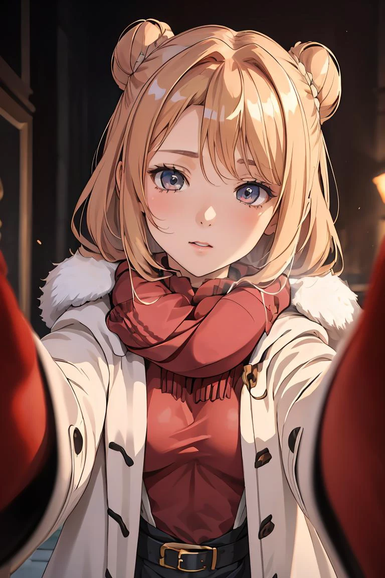 (masterpiece, best quality), 1girl, Strawberry Blonde Sleek High Bun with Hair Cuff, Size F breasts, <lora:pov_cheek_warming:1> pov cheek warming, coat,scarf,reaching towards viewer