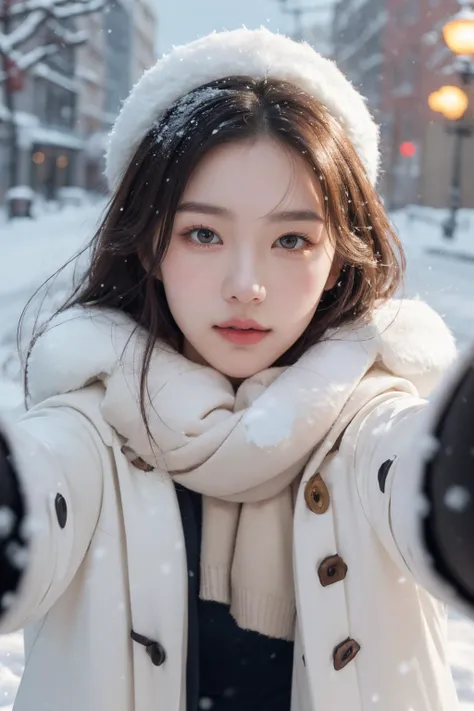 <lora:pov_cheek_warming:1>, (pov cheek warming), (reaching towards viewer), best quality, masterpiece, illustration, realistic, photo-realistic, amazing, finely detail, incredibly absurdres, huge filesize, ultra-detailed, highres, extremely detailed CG unity 8k wallpaper, nsfw, A young Korean pop singer with rosy cheeks and a cute face, wearing a cozy winter coat and scarf, reaches out towards the viewer with warm, gloved hands. She has a tender expression on her face like she is with her loved one. There is light natural makeup on her face that complements the snowy scene. Behind her, it is snowing lightly and there is a street covered in a dusting of snow.