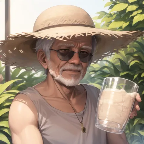 <lora:cumMugLora_cumMugLora:1>1boy,(old man:1.4),sunglasses,swimsuit,straw hat, silver hair, upper body, cum mug