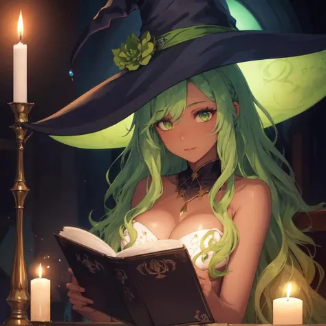 original character , beautiful girl with green wavy hair , witch hat , sitting in a dimley lit room , candles , casting a spell , sitting on the floor , dark room , reading a spell book, looking away , shallow depth of field , rendered , stunning details
l <lora:skinslider_last:0.9>