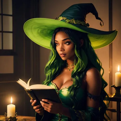 original character , beautiful girl with green wavy hair , witch hat , sitting in a dimley lit room , candles , casting a spell , sitting on the floor , dark room , reading a spell book, looking away , shallow depth of field , rendered , stunning details
l  <lora:skinslider_last:3>