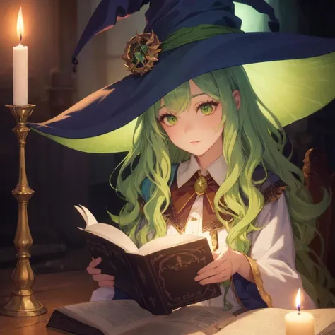 original character , beautiful girl with green wavy hair , witch hat , sitting in a dimley lit room , candles , casting a spell , sitting on the floor , dark room , reading a spell book, looking away , shallow depth of field , rendered , stunning details
l  <lora:skinslider_last:-1>