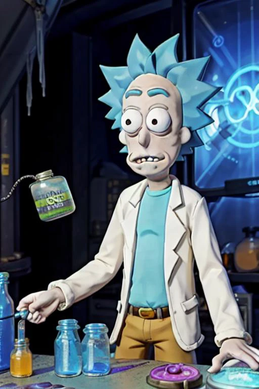 1man, (80's anime style), <lora:rickSanchezLora_v10:0.4> Rick Sanchez, claymation working as alchemist in a lab, holding a vial, countertop, full body, gas, fumes, steam, ooze, toxic barrel <lora:akemiTakada1980sStyle_1:0.2>, takada akemi