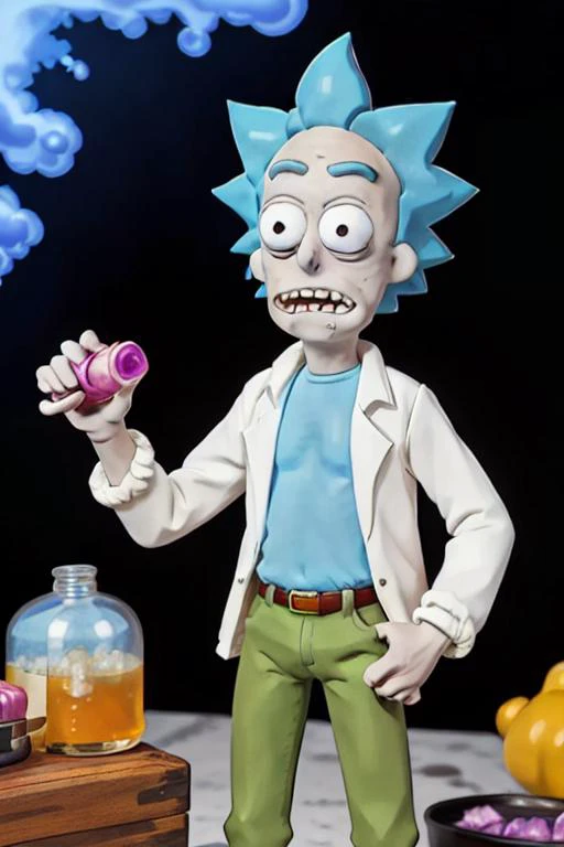 1man, (80's anime style), <lora:rickSanchezLora_v10:0.4> Rick Sanchez, claymation working as alchemist in a lab, holding a vial, countertop, full body, gas, fumes, steam, ooze, toxic barrel <lora:akemiTakada1980sStyle_1:0.2>, takada akemi