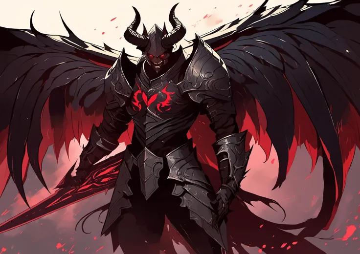 Sameal the King of Demons, male, glowing red pupils, demon horns, evil grin, wearing black and red heavy steel armor, fighting stance, bloody feathered wings, ruling the central pits of hell BREAK masterpiece illustration portrait, Dante's Inferno background, subsurface scattering, ray traced, depth of field, bokeh, vivid colors, cinematic hard lighting, realistic shadows,