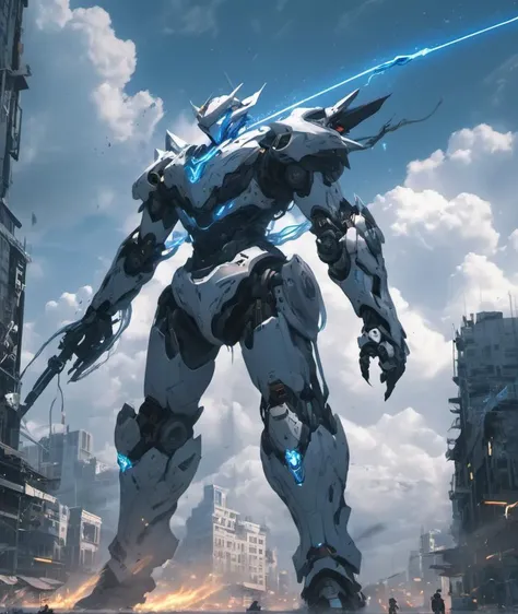 , sky, cloud, holding_weapon, no_humans, glowing, , robot, building, glowing_eyes, mecha, science_fiction, city, realistic,mecha,
  , <lora:[XL]knighthood:1>
  , <lora:[XL]knighthood:1>
