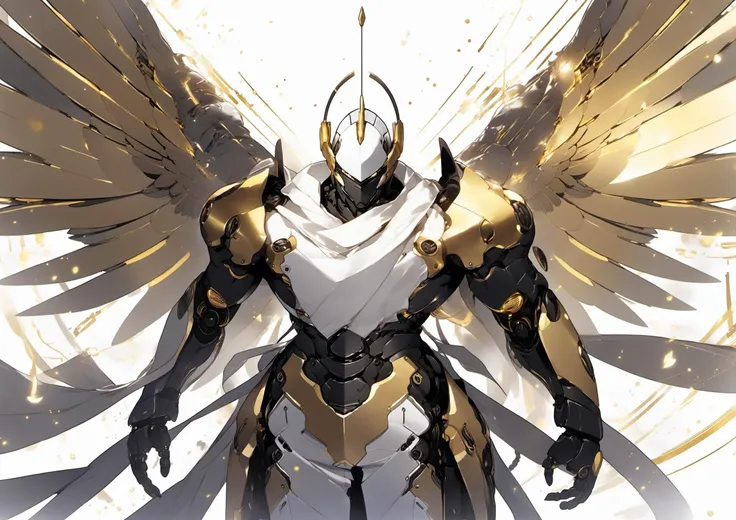 a robot with wings and a white shirt on standing in front of a white background with gold and black accents, <lora:[XL]knighthood:1>