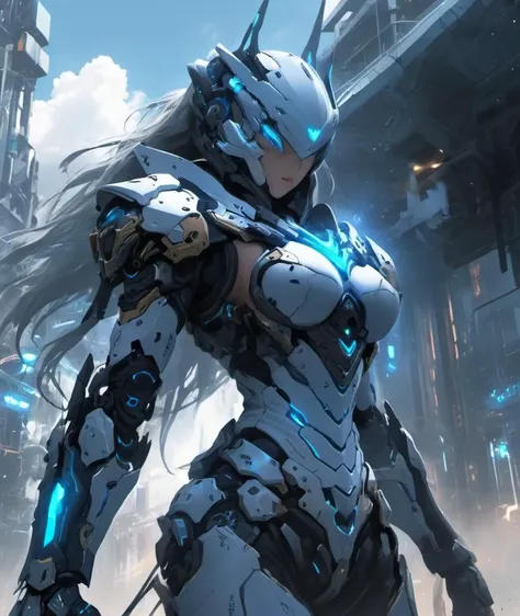 Photorealistic image ((masterpiece)), ((High quality)) UHD 8K, beautiful girl , Slim and realistic transformable robot, (medium breasts), (thin waist), (Long silver hair), (Blue eyes), ((Hyper realistic mecha armor, with red metal and intricate icy blue lights)), (in combat position, In a futuristic ship, Science fiction