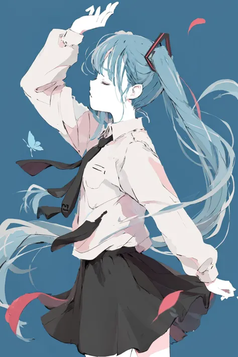 1girl, hatsune miku, solo, long hair, skirt, twintails, closed eyes, very long hair, flower, arm up, simple background, blue background, shirt, black skirt, butterfly, blue hair, flat color, necktie, school uniform, profile, pleated skirt, bug, from side, leaf, floating hair, limited palette, cowboy shot, aqua hair, long sleeves, petals,<lora:Walden_Blue:1>