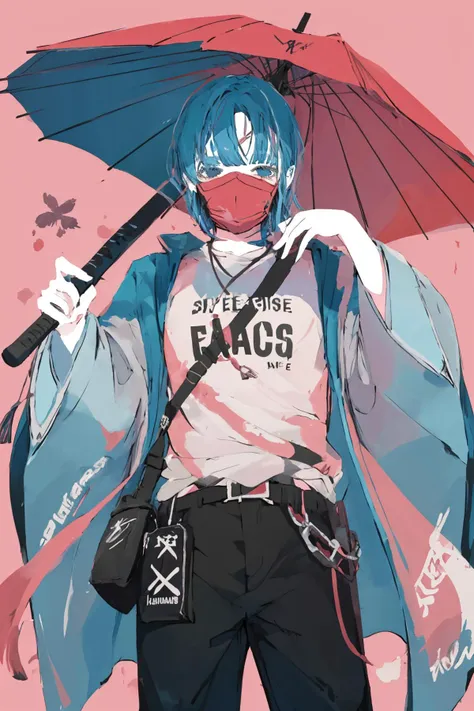 solo, sword, weapon, short hair, katana, long sleeves, blue hair, holding, hand fan, limited palette, mask, 1boy, pants, pink background, english text, umbrella, male focus, wide sleeves, flat color, 1girl,<lora:Walden_Blue:1>