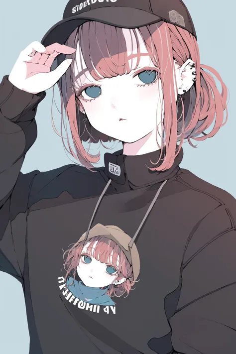 1girl, solo, hat, earrings, piercing, simple background, ear piercing, jewelry, ponytail, bangs, blue eyes, brown hair, hand up, brown headwear, sleeves past wrists, flat color, looking at viewer, red hair, long sleeves, baseball cap, aqua eyes, portrait, short hair, shirt <lora:Walden_Blue:1>