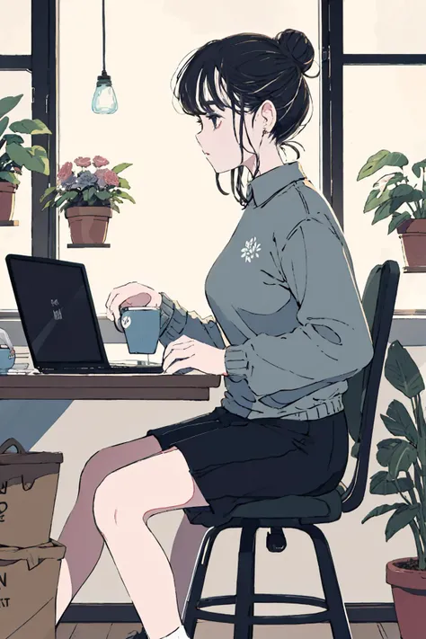 1girl, plant, cat, cup, sitting, potted plant, laptop, hair bun, solo, computer, single hair bun, table, wide shot, long sleeves, black hair, stool, holding cup, holding, indoors, chair, flower, window, aqua shirt, air conditioner, sweater, shirt, bowl, electric fan, short hair, mug, profile <lora:Walden_Blue:1>