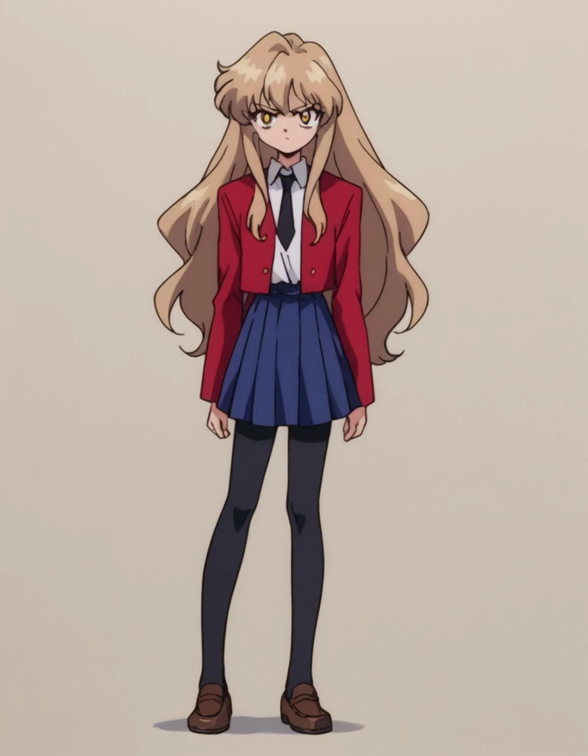 zPDXL, score_9, score_8_up, score_7_up, source_cartoon, 8k, absurdres,
1girl, <lora:Taiga_Aisaka:0.8> Taiga Aisaka, yellow eyes, light brown hair, long hair, red jacket, white shirt, necktie, blue skirt, black leggings, brown footwear, loafers, flat chest, <lora:SailorMoon:1> slrmn, 1990s \(style\), retro artstyle, anime coloring,