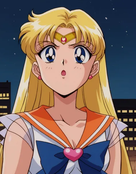 zPDXL, score_9, score_8_up, score_7_up, source_anime, 8k, absurdres, 1990s \(style\), retro artstyle, anime coloring, 
1girl, solo, <lora:SailorMoon_v1:1> slrmn, sailor venus, aino minako, blue eyes, blonde hair, long hair , night sky, night, building, lamppost,