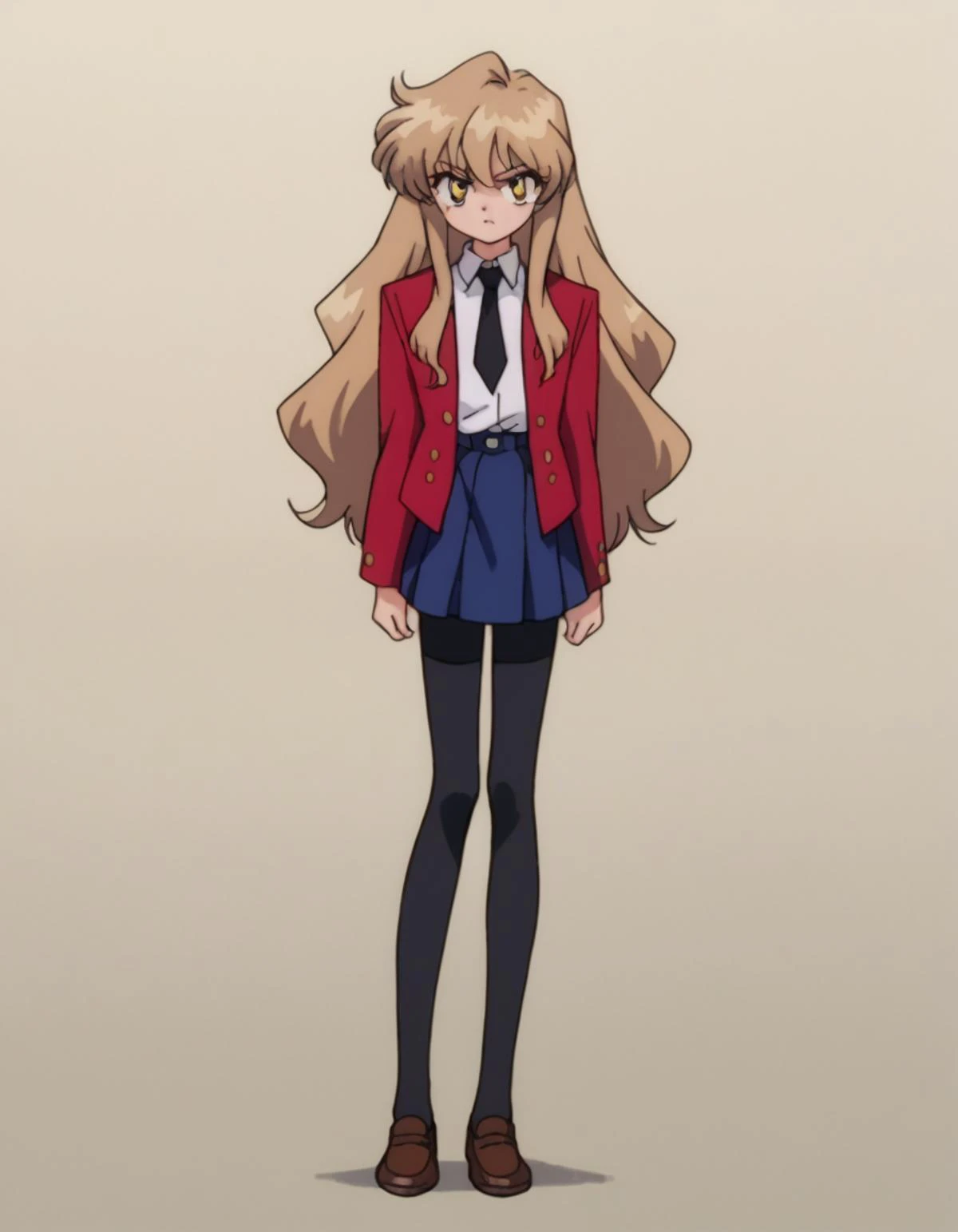 zPDXL, score_9, score_8_up, score_7_up, source_cartoon, 8k, absurdres,
1girl, <lora:Taiga_Aisaka:0.8> Taiga Aisaka, yellow eyes, light brown hair, long hair, red jacket, white shirt, necktie, blue skirt, black leggings, brown footwear, loafers, flat chest, <lora:SailorMoon:1> slrmn, 1990s \(style\), retro artstyle, anime coloring,