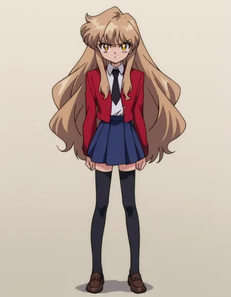 zPDXL, score_9, score_8_up, score_7_up, source_cartoon, 8k, absurdres,
1girl, <lora:Taiga_Aisaka:0.8> Taiga Aisaka, yellow eyes, light brown hair, long hair, red jacket, white shirt, necktie, blue skirt, black leggings, brown footwear, loafers, flat chest, <lora:SailorMoon:1> slrmn, 1990s \(style\), retro artstyle, anime coloring,