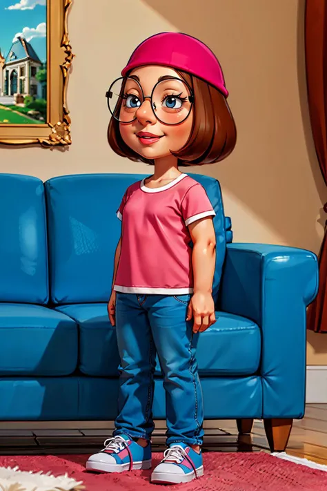 meg,black eyes, short brown hair, glasses, pink hat, pink shirt, blue pants, white shoes, looking at viewer, smiling, standing, inside, cozy living room, sofa, high quality, masterpiece,   <lora:Meg(FG)1.0:.7>