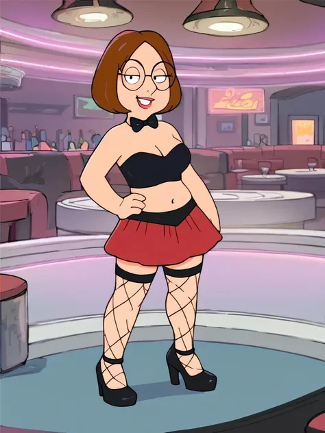 score_9_up,score_8_up,score_6,score_5,score_4, meg, 1girl, fishnets, solo, brown hair, thighhighs, black footwear, midriff, fishnet thighhighs, skirt, navel, breasts, glasses, cleavage, bow, strapless, bowtie, high heels, round eyewear, short hair, red skirt, indoors,standing,hand on hip, toon \(style\), looking at viewer, smile, strip club , <lora:megSDLXpony:0.8> asur