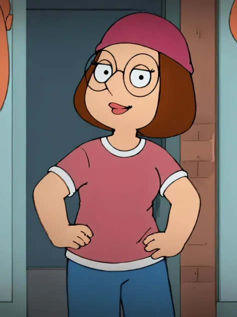 <lora:Meg_Griffin:1.0>meg, brown hair, 1girl, glasses, solo, short hair, flat color, blue pants, beanie, pink shirt,standing, hand on own hip,  looking at viewer, smile, score_9, score_8_up, score_7_up, score_6_up, score_5_up, score_4_up