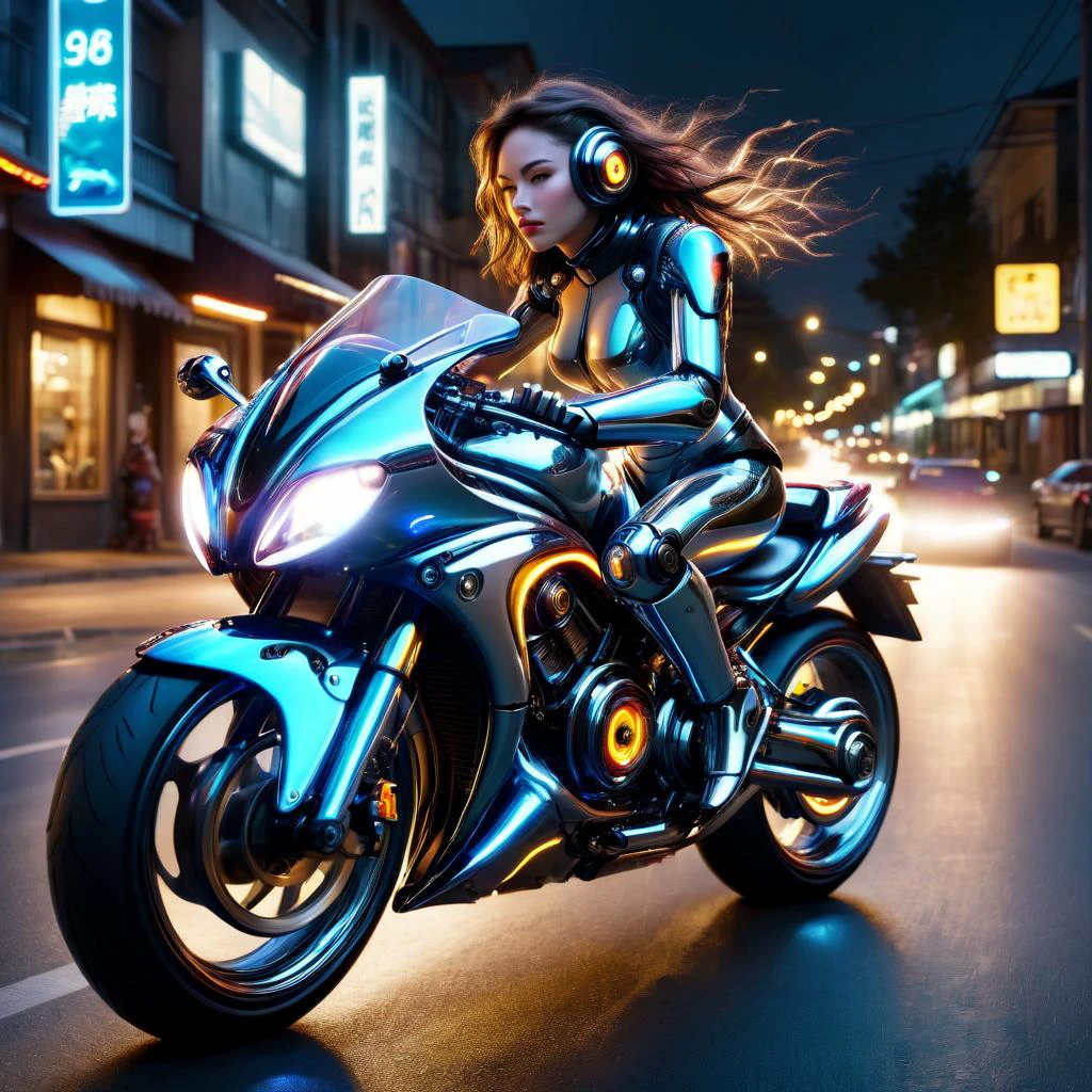 ral-vbrntacyl cyborg girl on a motorcycle on the road in town at night, very realistic, cinematic, natural light, expressive, speed, photo in motion, long exposure<lora:ral-vbrntacyl-sdxl:1>