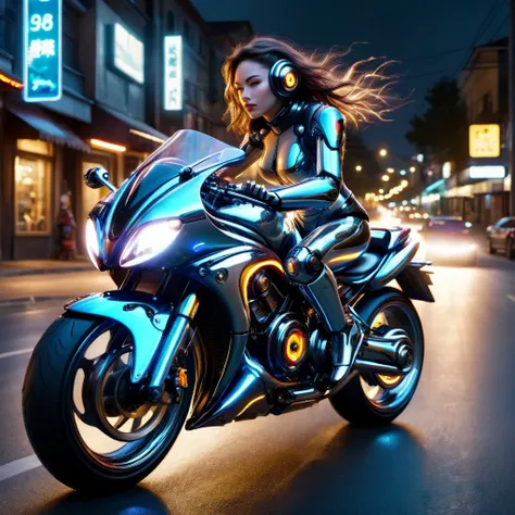 ral-vbrntacyl cyborg girl on a motorcycle on the road in town at night, very realistic, cinematic, natural light, expressive, speed, photo in motion, long exposure<lora:ral-vbrntacyl-sdxl:1>