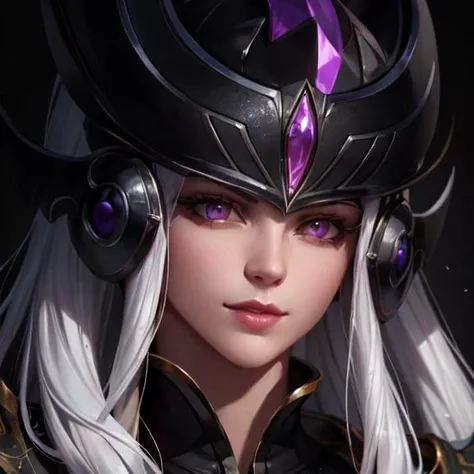 highest quality, UHD, best resolution, very detailed, broken glass with hole in the center revealing, syndra, league of legends, 1girl, hand grapping forward armor, black gloves, black thighhighs, breasts, long hair, looking at viewer, purple eyes, smile, solo, thighhighs, white hair, standing,