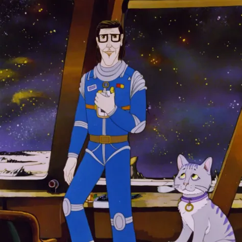 comic soviet man in suit with cat, cartoon, kachanov, style, character, space illustration, standing <lora:kachanov_style:1> <lora:Fantastic_Planet_XL:0.25> . graphic illustration, comic art, graphic novel art, vibrant, highly detailed