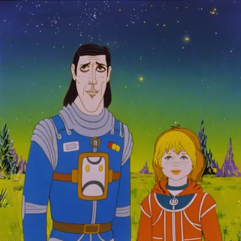 soviet man with girl in cosmic land, cartoon, kachanov, style, character, space illustration, standing <lora:kachanov_style:1> . graphic illustration, comic art, graphic novel art, vibrant, highly detailed, , realistic, skin texture, detailed body, detailed face, detailed skin texture, (skin pores:1.4), highly detailed, film grain, (cinematic still:1.2), (white freckles:0.08), F/5, . 35mm photograph